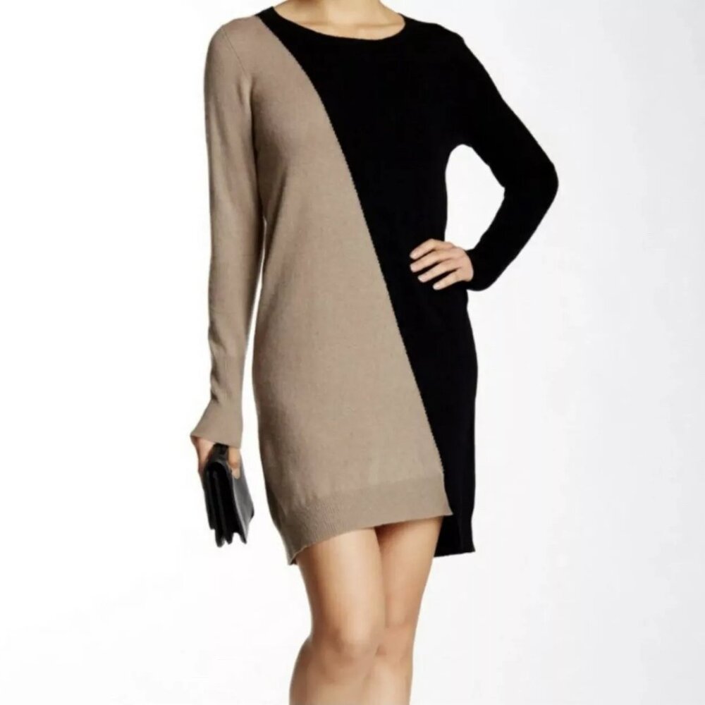 360 CASHMERE ASYMMETRIC COLOR BLOCK V NECK SWEATER DRESS BLACK GREY SIZE XS